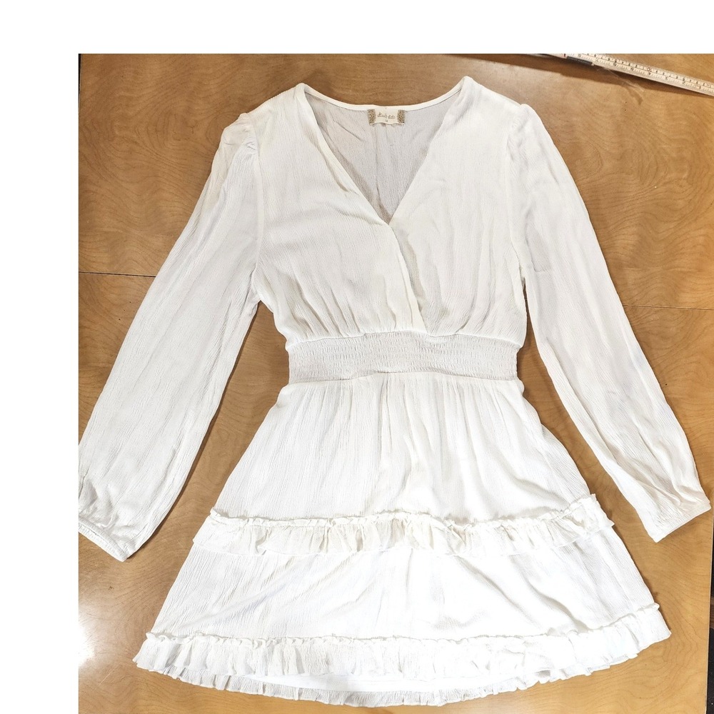 Altar'd State White Smocked Waist Ruffle Tiered V Neck Long Sleeve Dress M